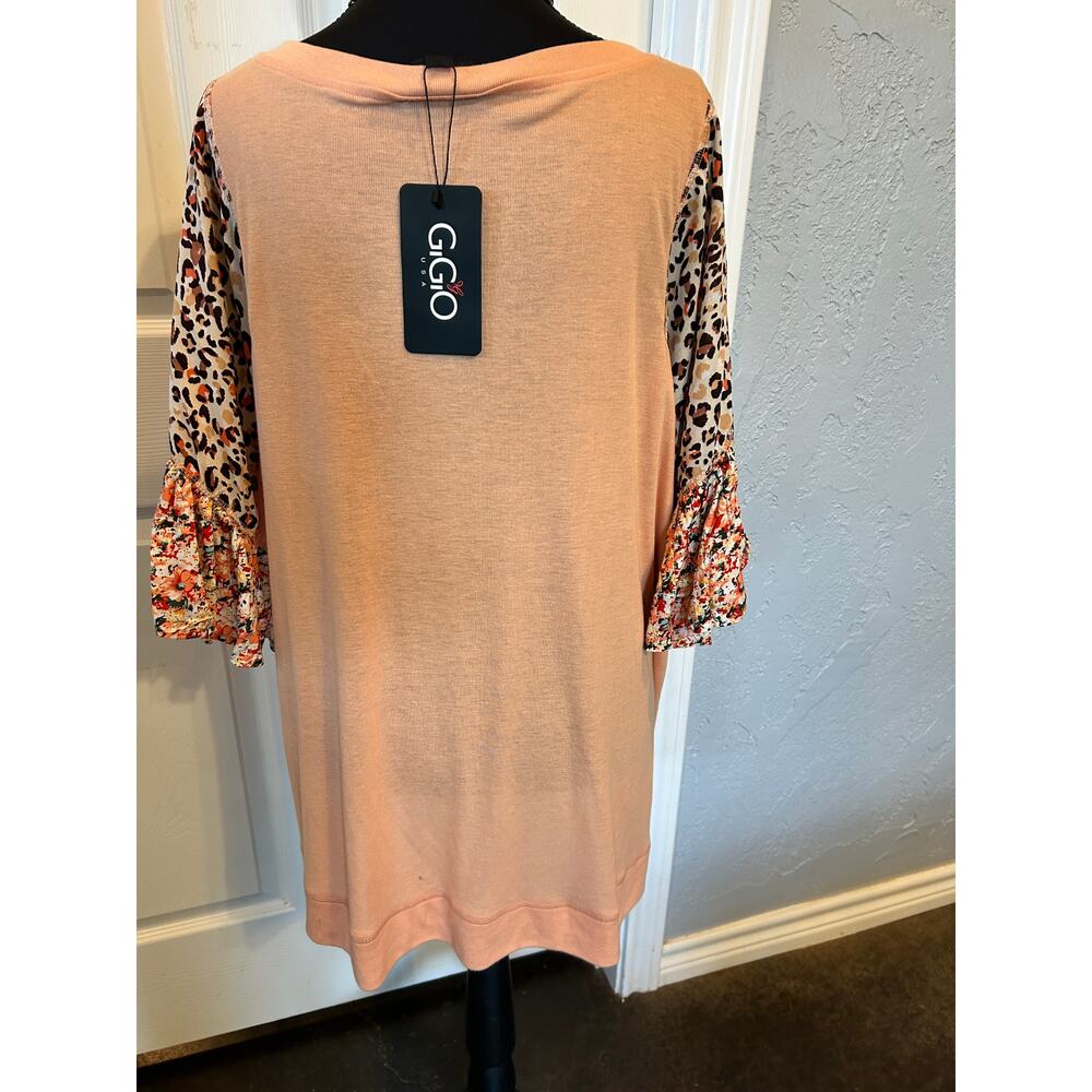 NWT GiGio Peach Blouson Tunic with Animal Print & Floral Ruffled Sleeves Size L - Picture 4 of 8